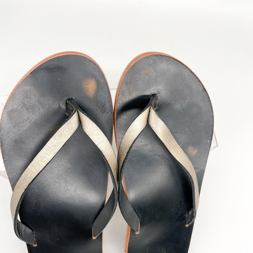 Beek Seabird Leather Flip Flop Sandals Womens 9 Black Metallic Gold Thong Flats - Picture 9 of 11